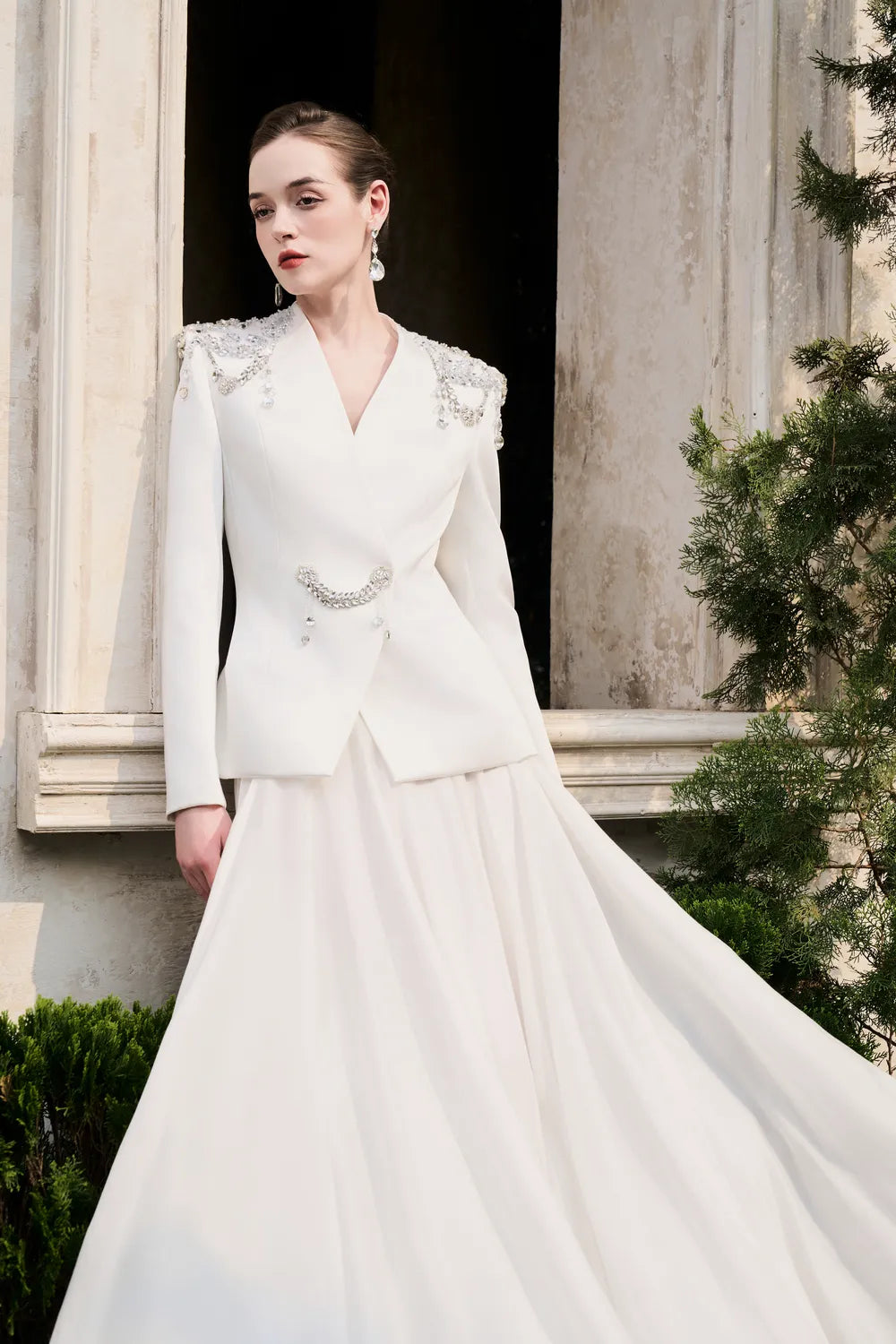 Stylized Shoulder Blazer with Flared A-Line Skirt Set XXL / White Stylized Shoulder Blazer with Flared A-Line Skirt Set XXL / White