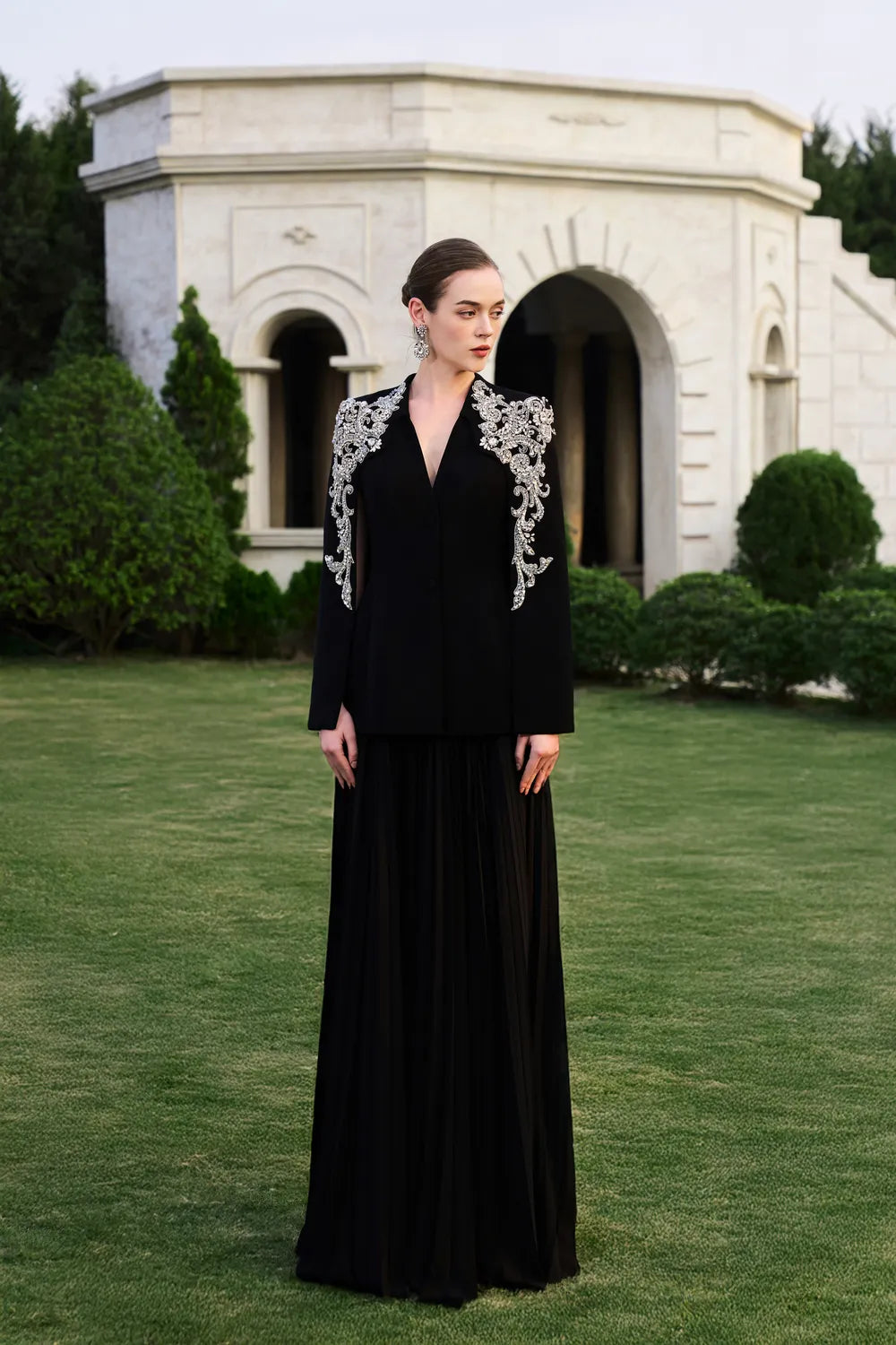 Collarless 3D Crystal-Embellished Blazer With Gathered Skirt Set