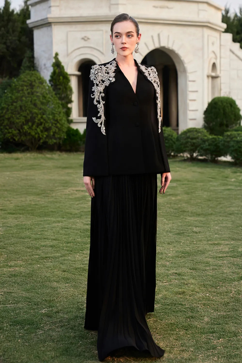 Collarless 3D Crystal-Embellished Blazer With Gathered Skirt Set