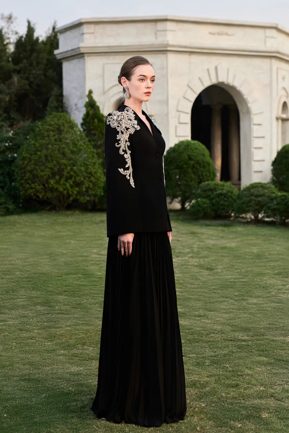 Collarless 3D Crystal-Embellished Blazer With Gathered Skirt Set