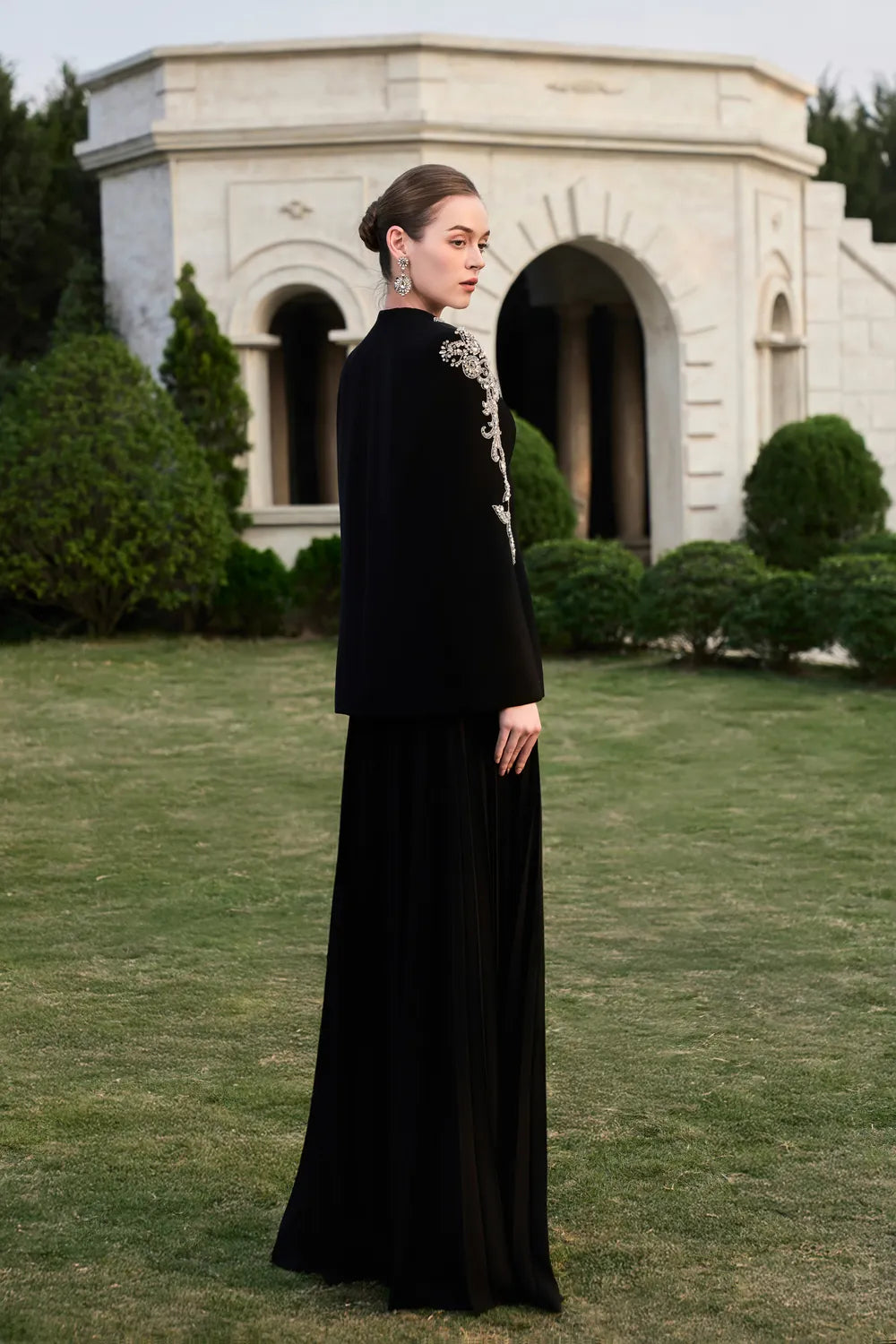 Collarless 3D Crystal-Embellished Blazer With Gathered Skirt Set