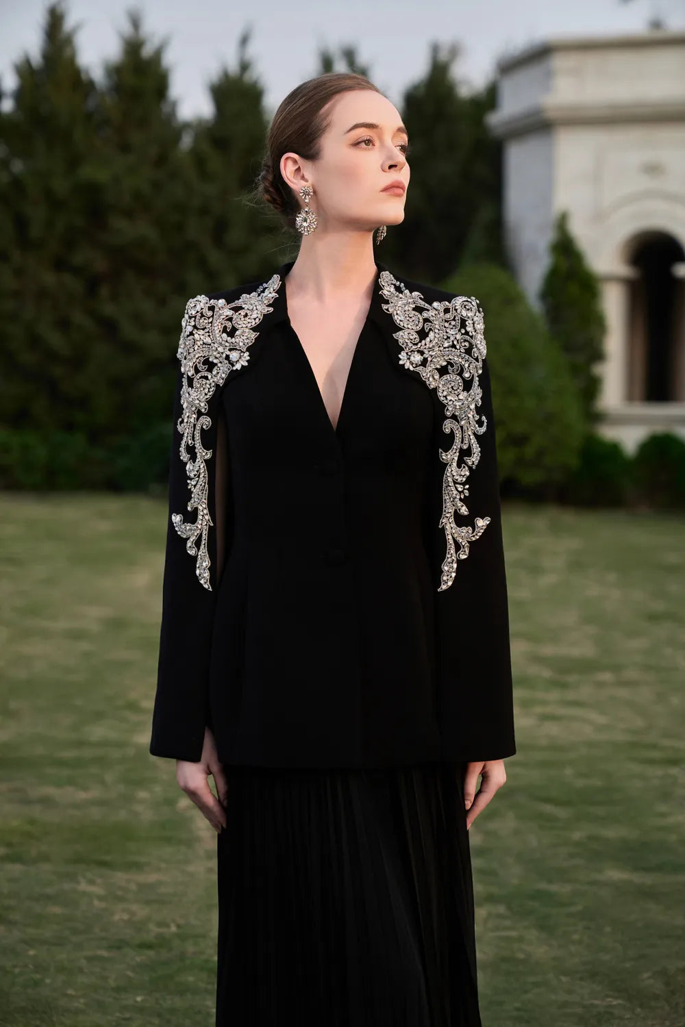 Collarless 3D Crystal-Embellished Blazer With Gathered Skirt Set