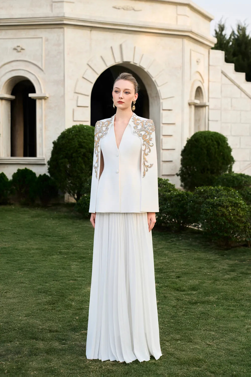 Collarless Cape Sleeve Blazer With Flared Gathered Skirt Set