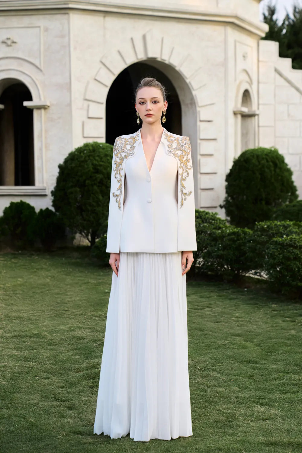 Collarless Cape Sleeve Blazer With Flared Gathered Skirt Set