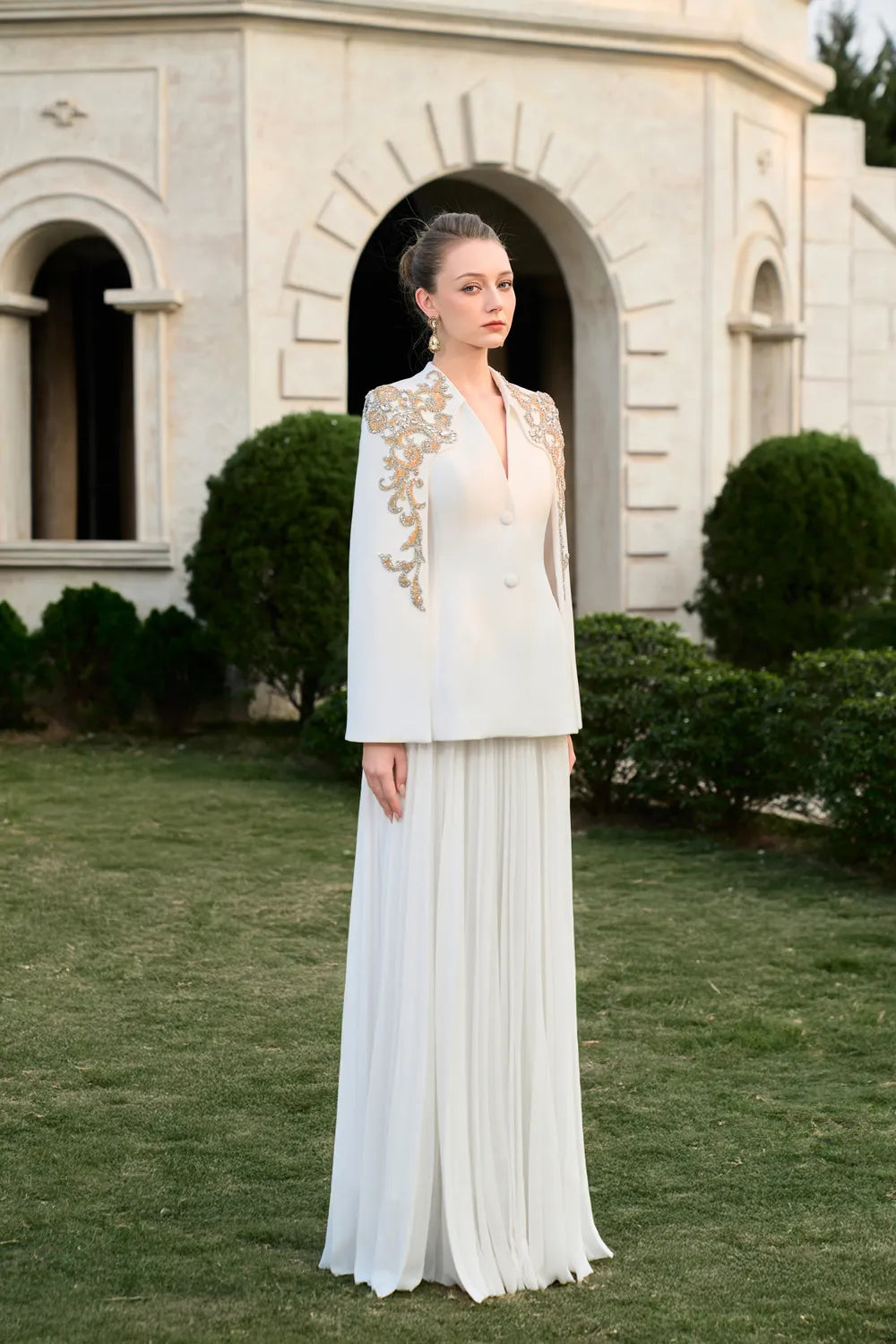 Collarless Cape Sleeve Blazer With Flared Gathered Skirt Set