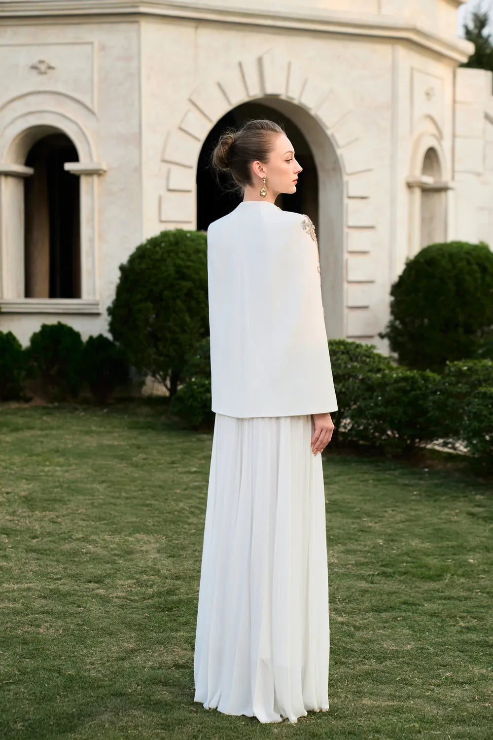 Collarless Cape Sleeve Blazer With Flared Gathered Skirt Set