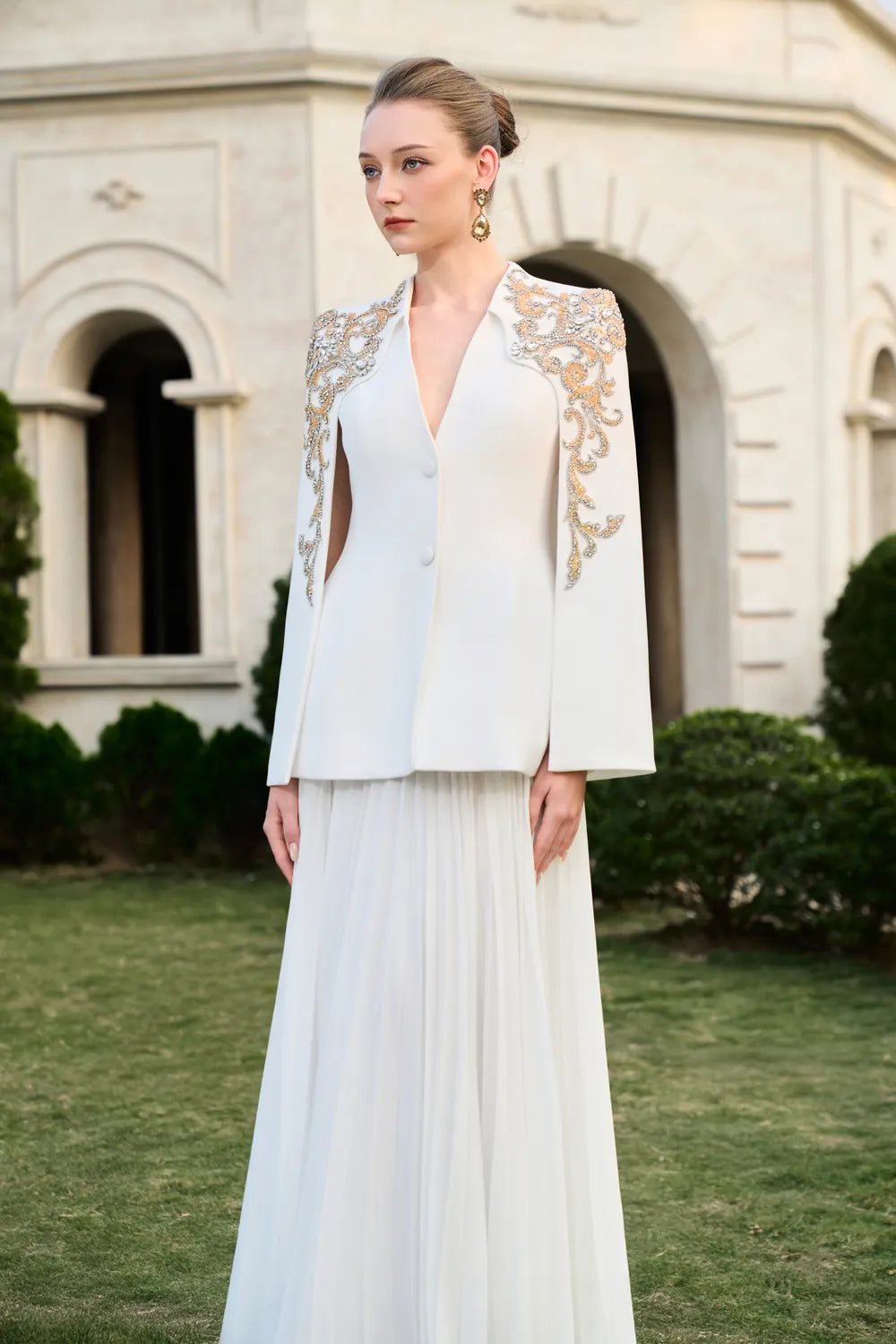 Collarless Cape Sleeve Blazer With Flared Gathered Skirt Set