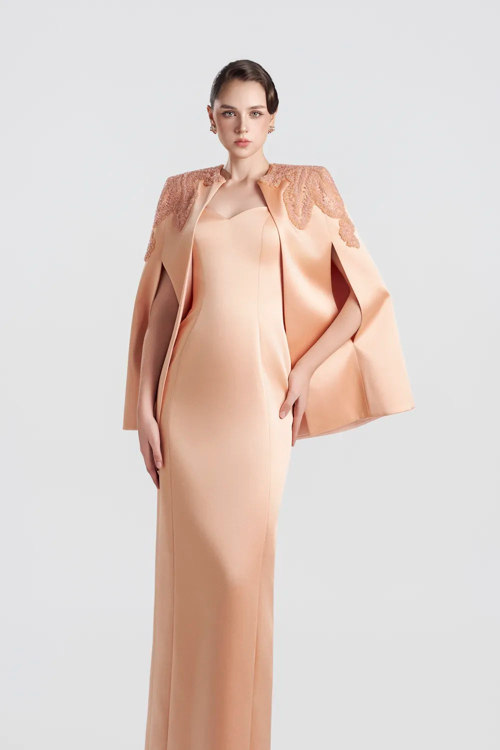 A-line Sleeve Slit Cape And Semi Heart Dress Set