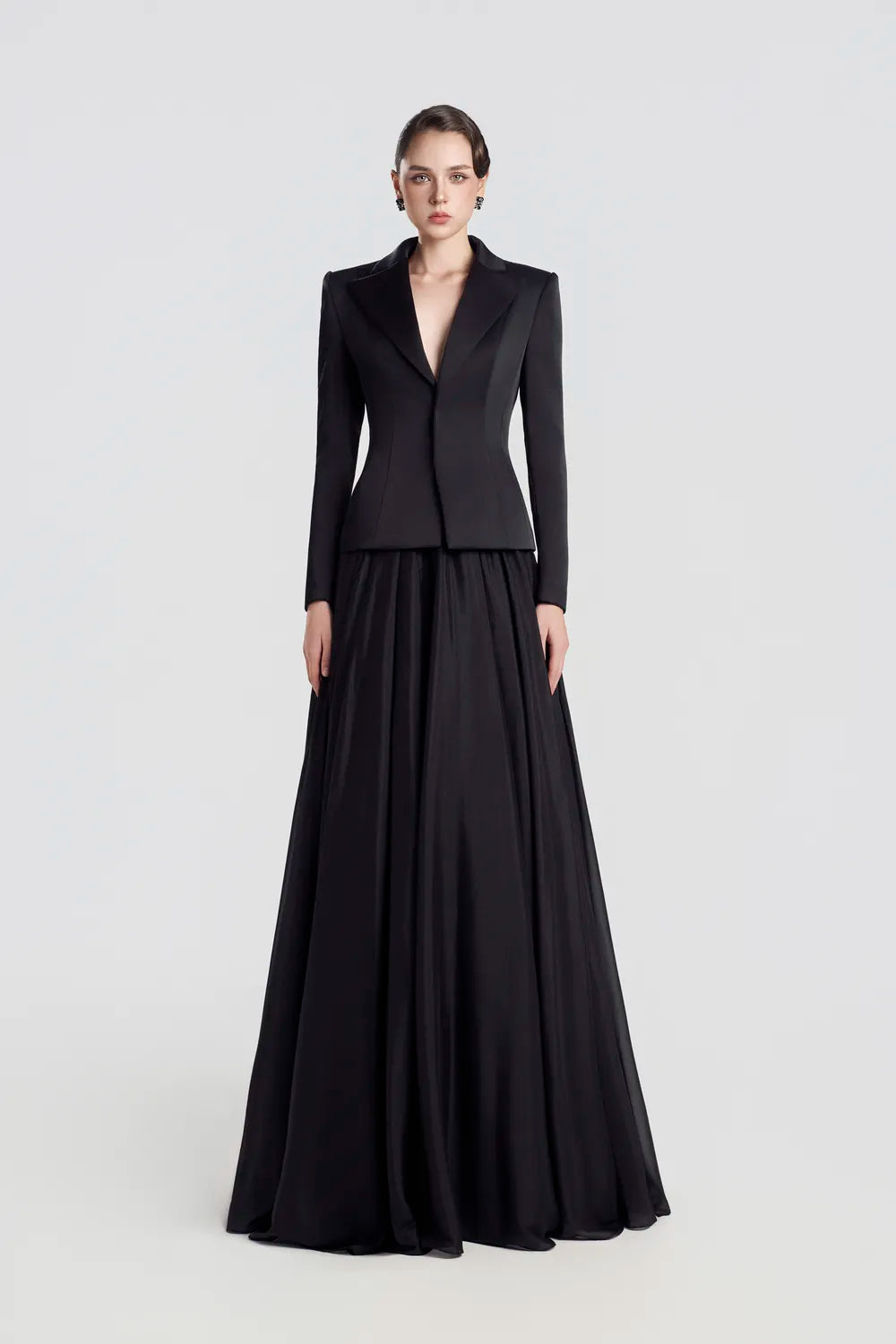 See-Through Back Blazer With Gathered Flowing Skirt Set