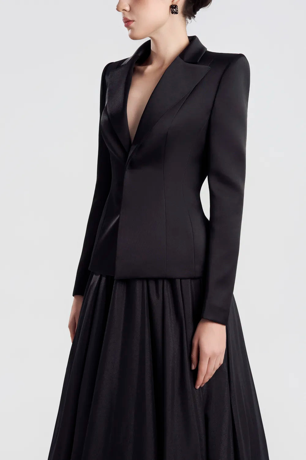 See-Through Back Blazer With Gathered Flowing Skirt Set