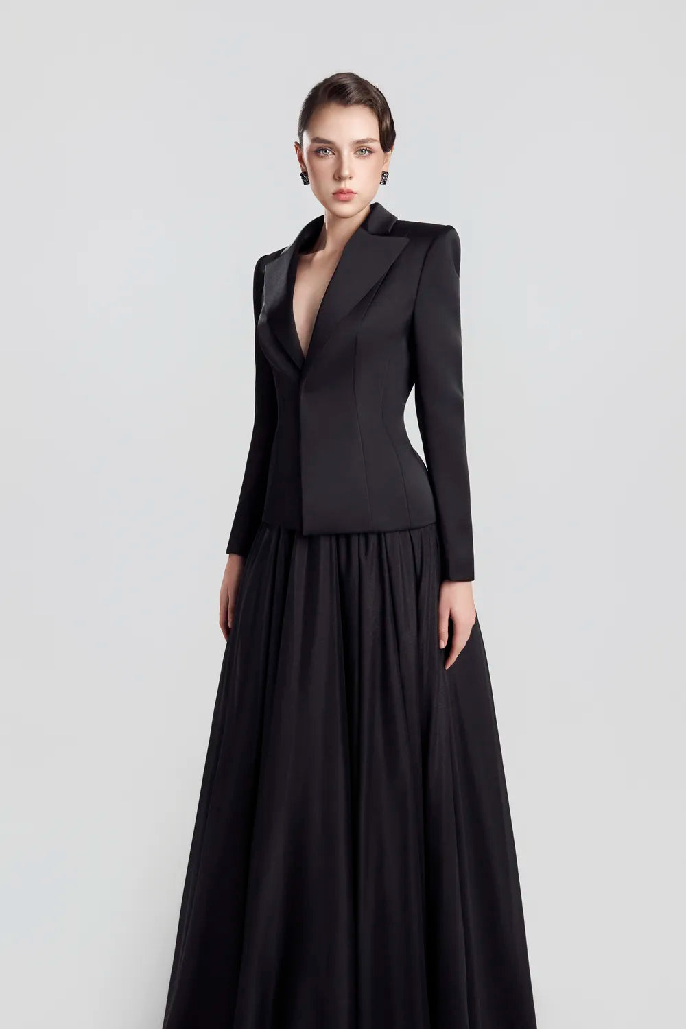 See-Through Back Blazer With Gathered Flowing Skirt Set