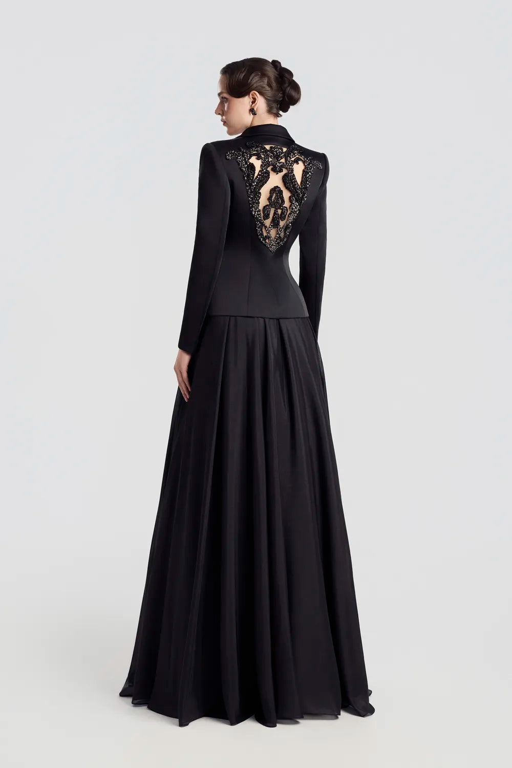 See-Through Back Blazer With Gathered Flowing Skirt Set
