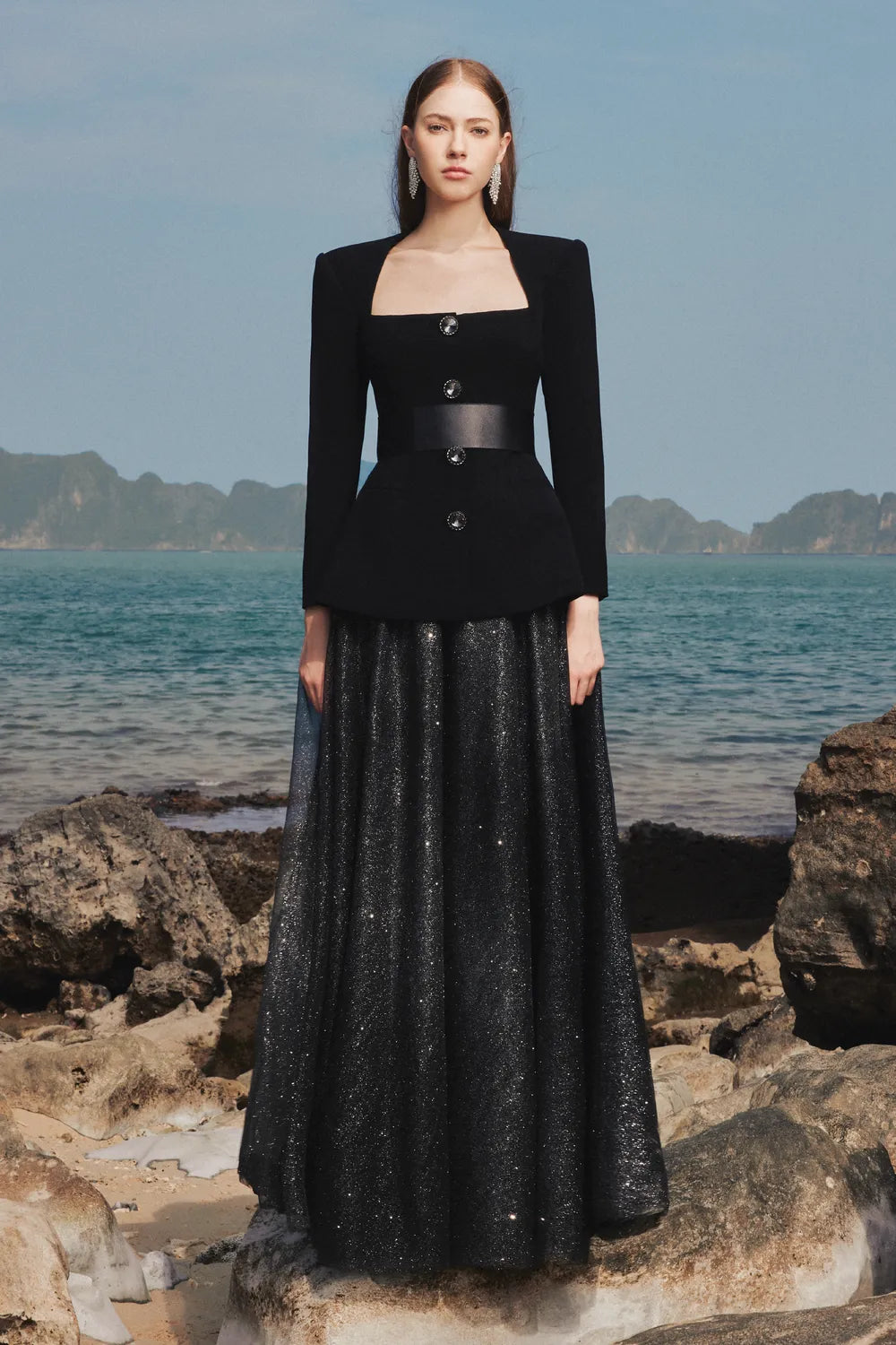 Long Sleeve Trapezoid Neckline Blazer And Flowing Skirt Set - TRACY COUTURE