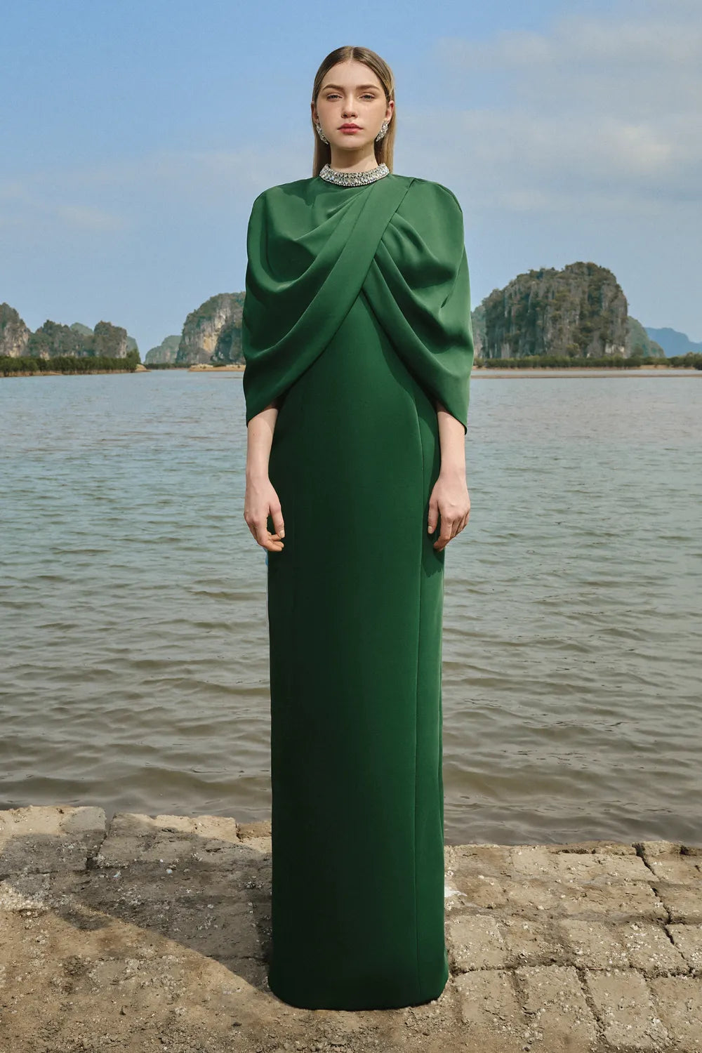 Collar Stone Embellished Cape With Dress Set - TRACY COUTURE