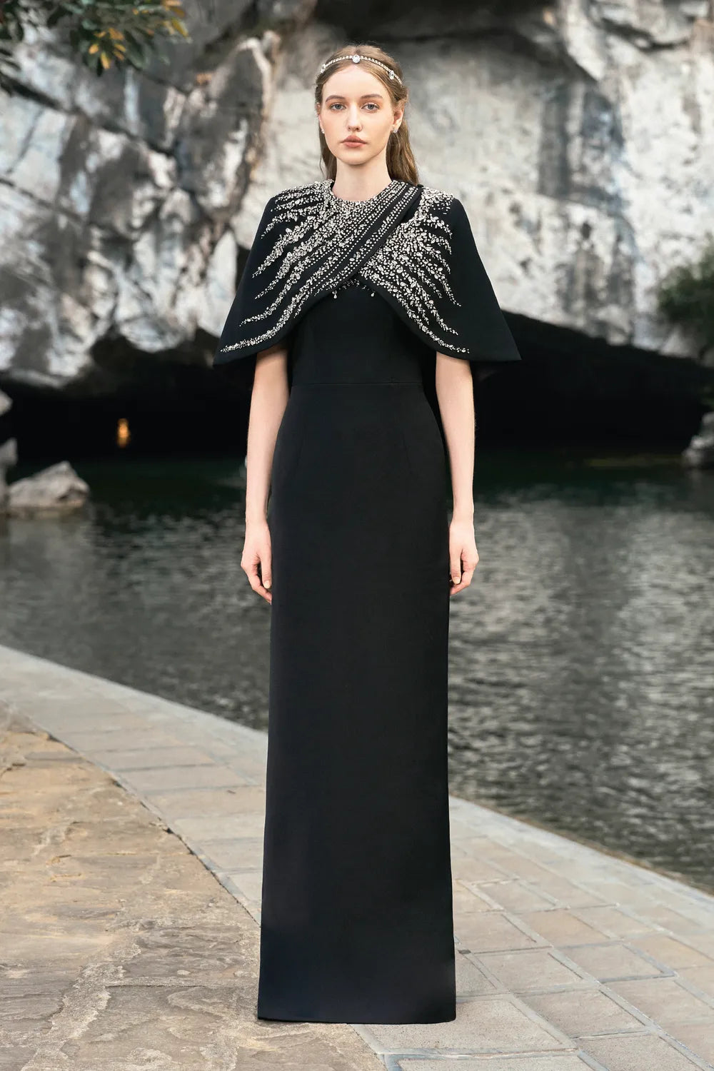 Stone Embellished Cross Over Cape  With Back Slit Floor Length Dress Set - TRACY COUTURE