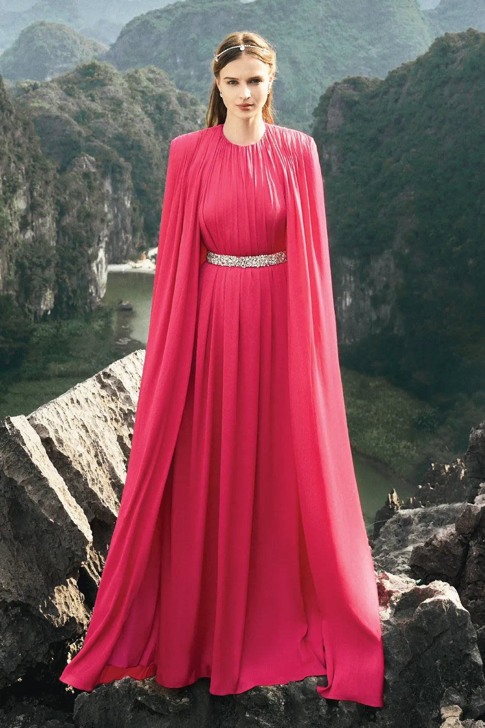 Gathered Long Cape With Gathered Stone Embellished Belt Dress Set - TRACY COUTURE
