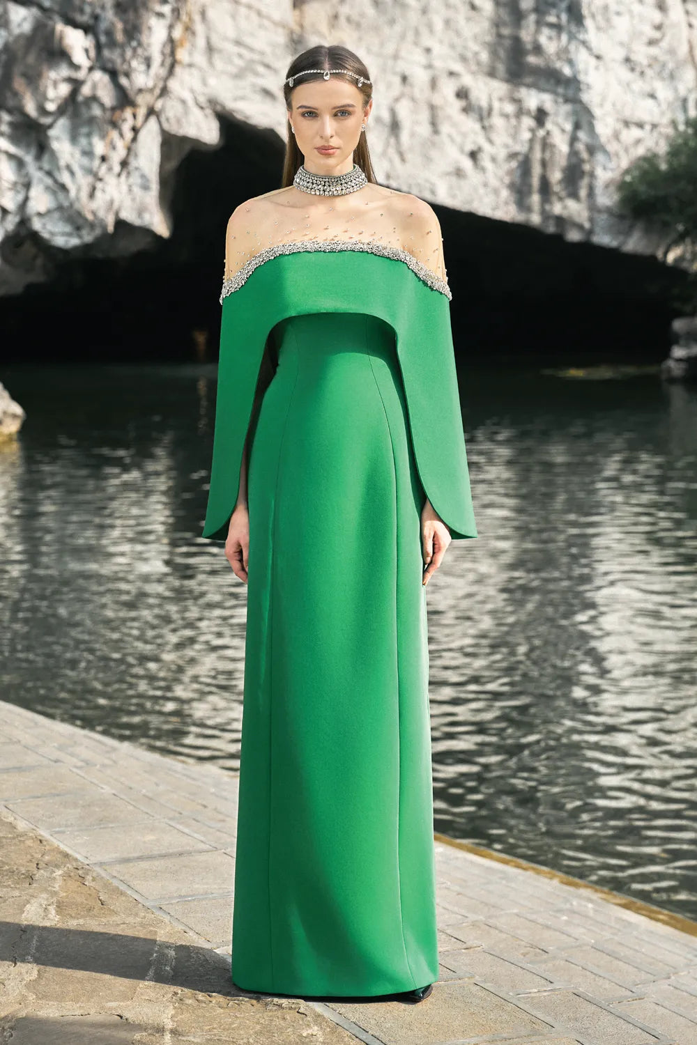 Strapless Straight Dress With See-Through Shoulder Cape Set - TRACY COUTURE