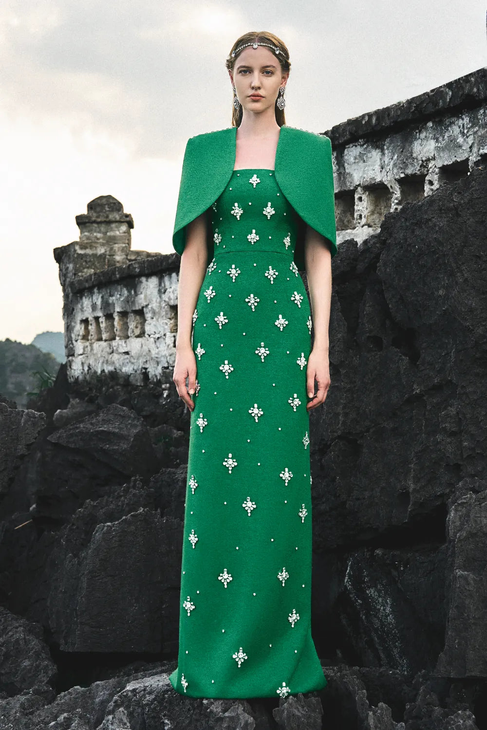 Curved Cropped Cape With Strapless Stone Embellishments Full Dress Set - TRACY COUTURE