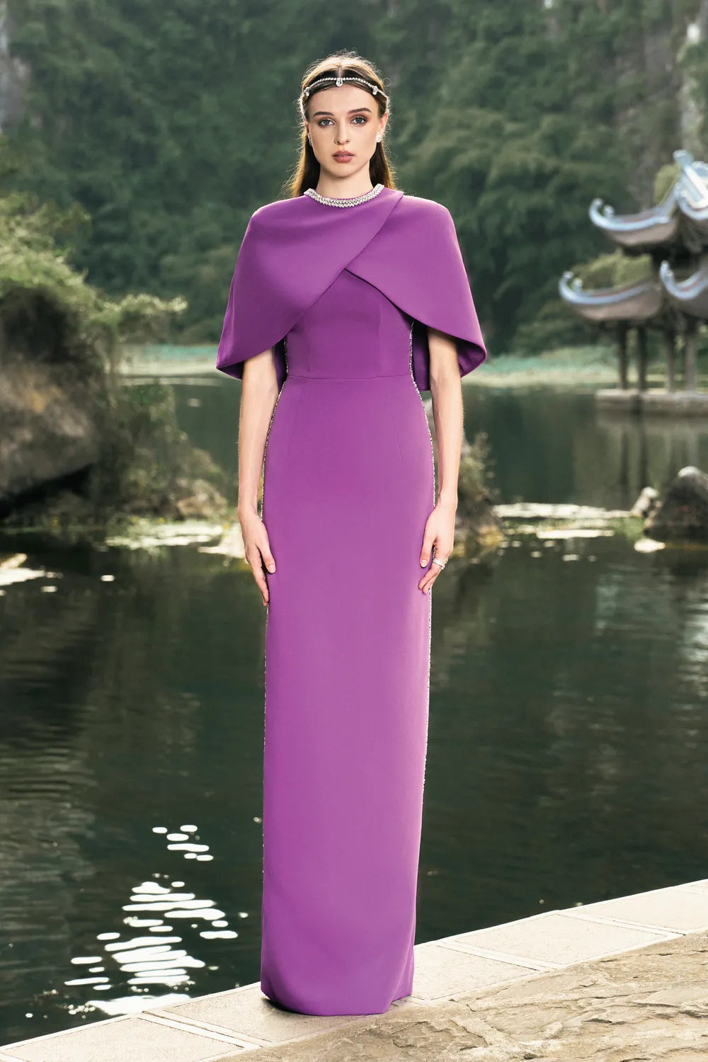 Cross Over Cape With Sides Stone Embellishments Line Dress Set - TRACY COUTURE