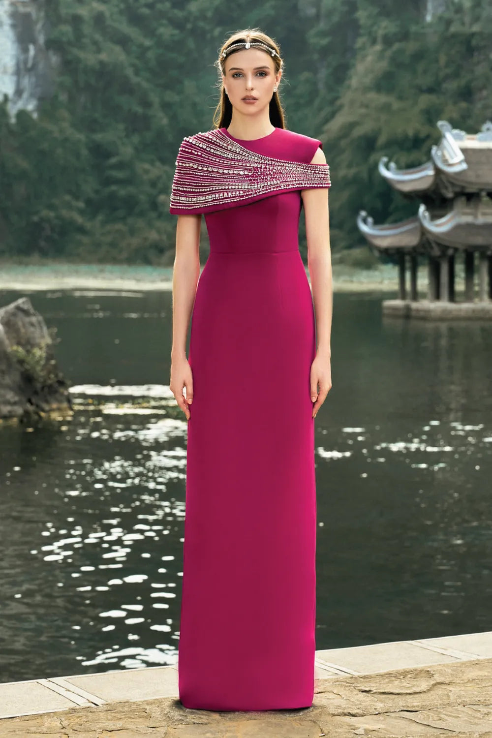 Stone Embellished Asymmetric Cape Straight Dress Set - TRACY COUTURE