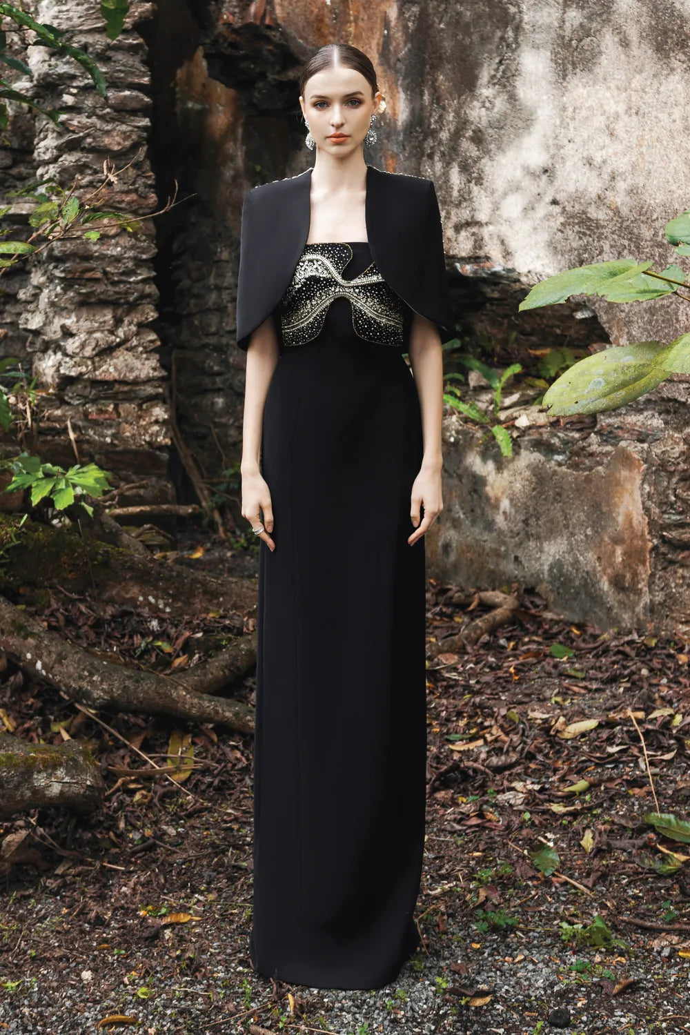 Chest Crystal Embellished Strapless Dress With Back Crystal Embellished Short Cape Set