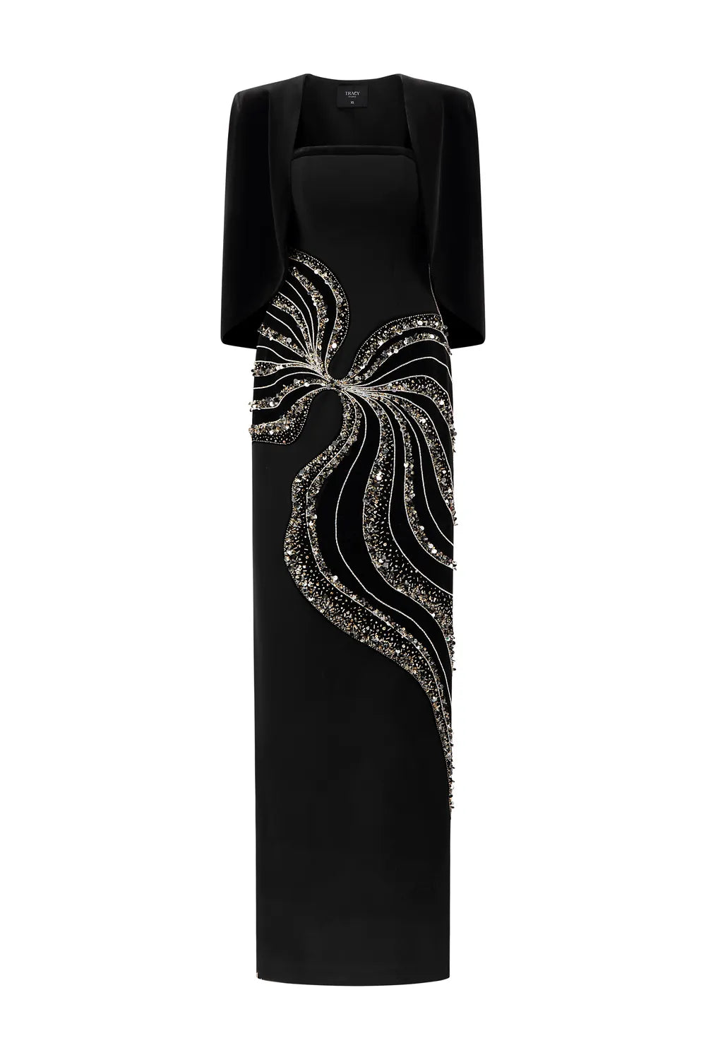 Curved Flap Short Cape With Crystal Embellished Straight Dress Set