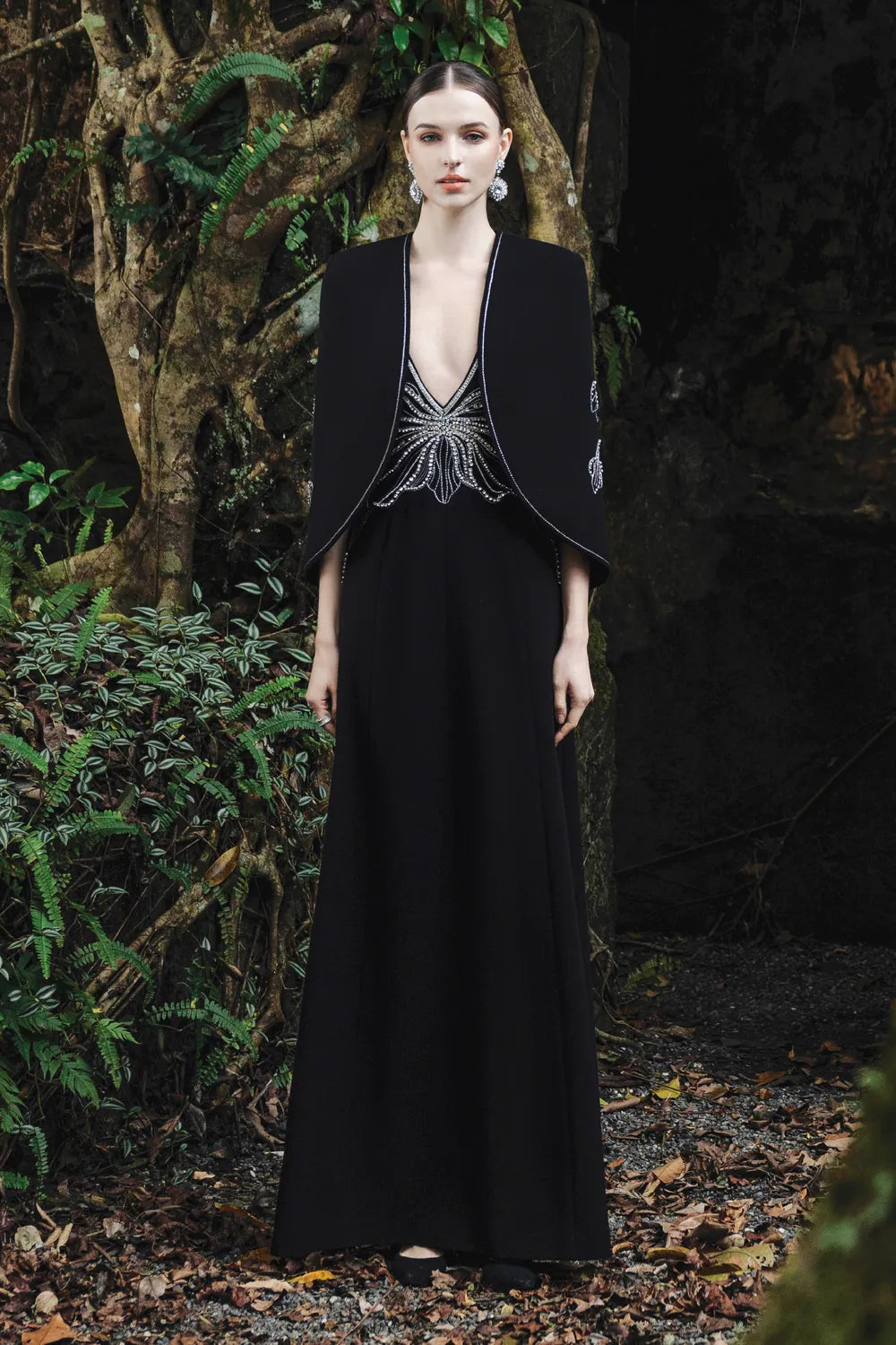 Orchid Crystal Embellished Cape With V-Neck Orchid Crystal Dress Set