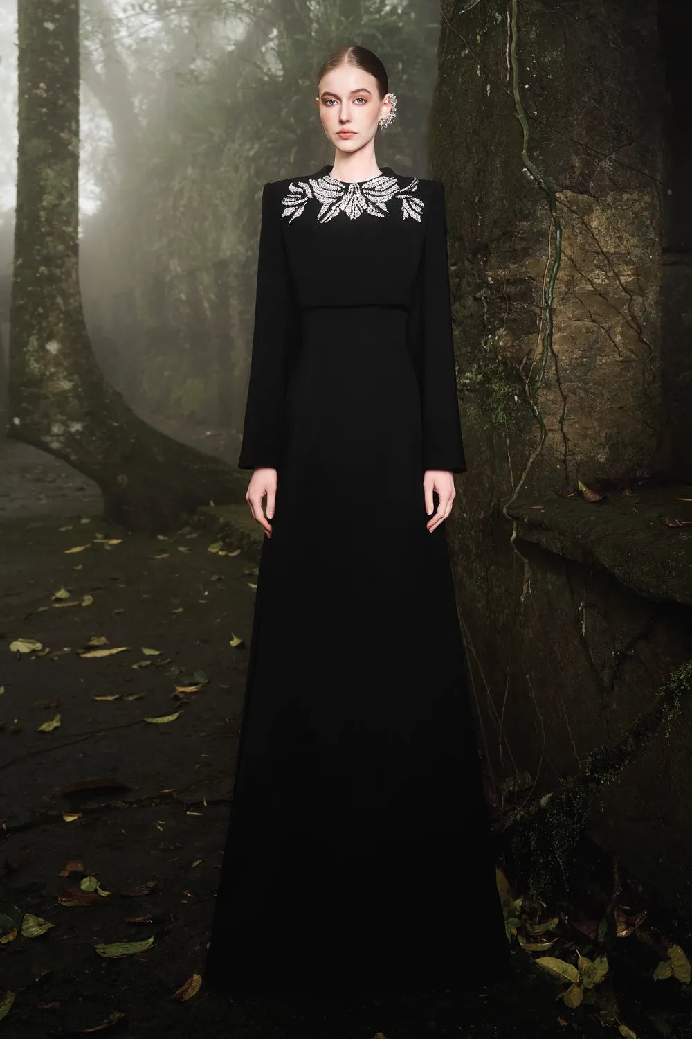 Long Flared Sleeve Cropped Top With Strapless A-line Dress Set