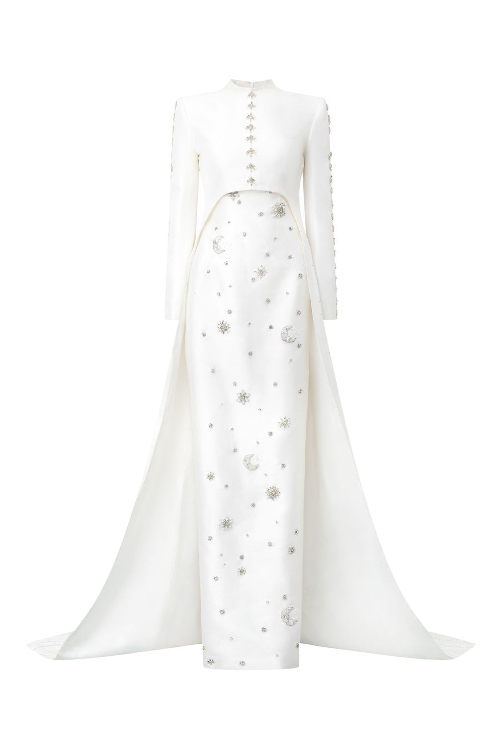 Stone Embellished Straight Dress With Long Back Crystal Flap Cape Set