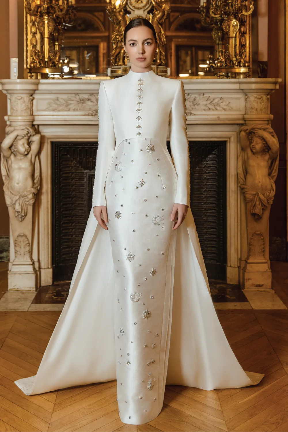 Stone Embellished Straight Dress with Long Back Crystal Flap Cape Set S / White Stone Embellished Straight Dress with Long Back Crystal Flap Cape Set S / White