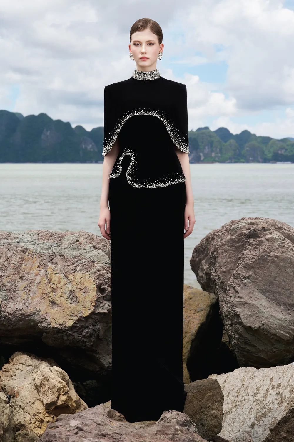 High Neck Curved Cape With Wavy Crystal Embellished Line Dress Set