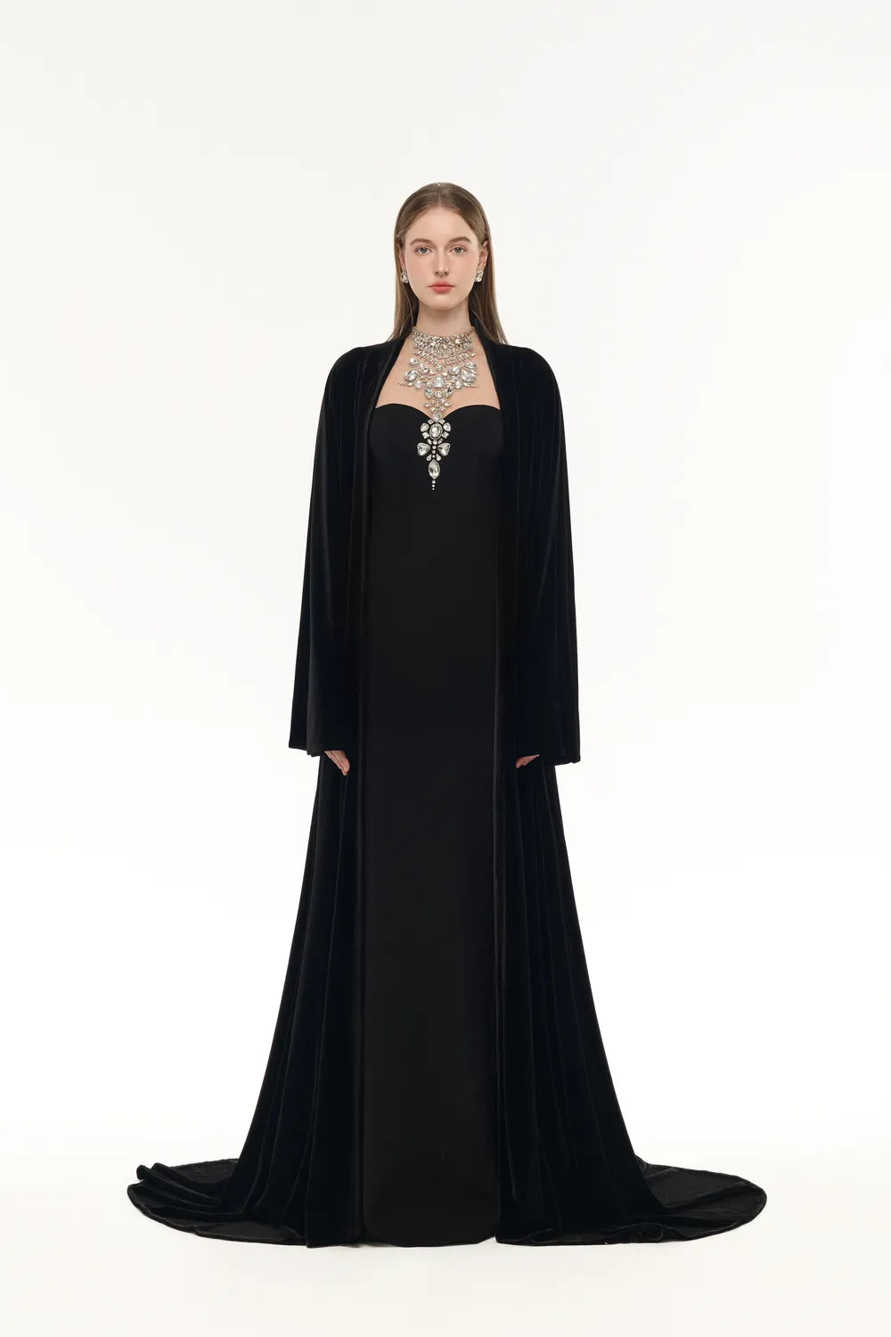 Flared Velvet Cape With Crystal-Embellished Shoulder Dress Set