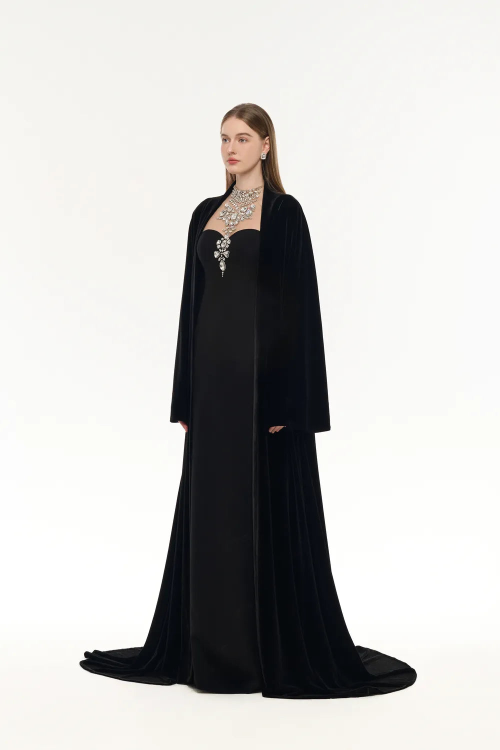 Flared Velvet Cape With Crystal-Embellished Shoulder Dress Set
