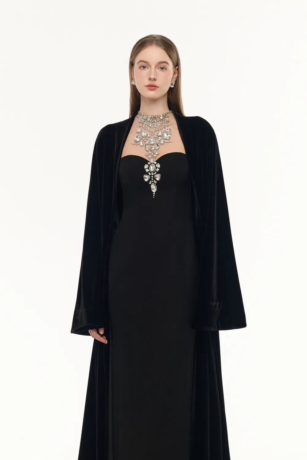 Flared Velvet Cape With Crystal-Embellished Shoulder Dress Set