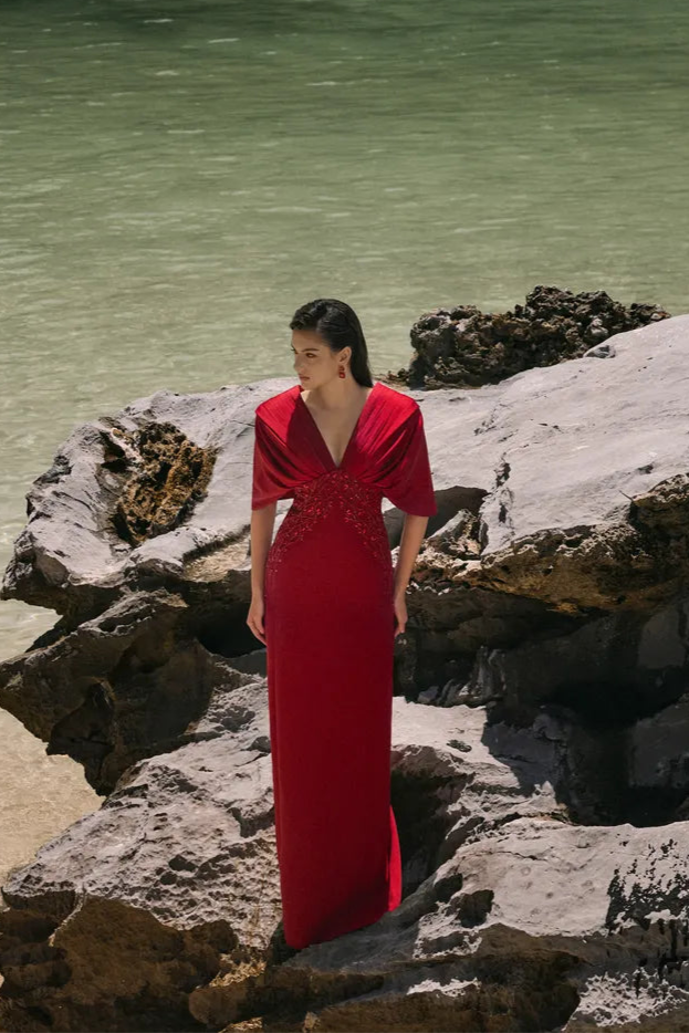 Deep V-Neck Short Cape Sleeves Dress