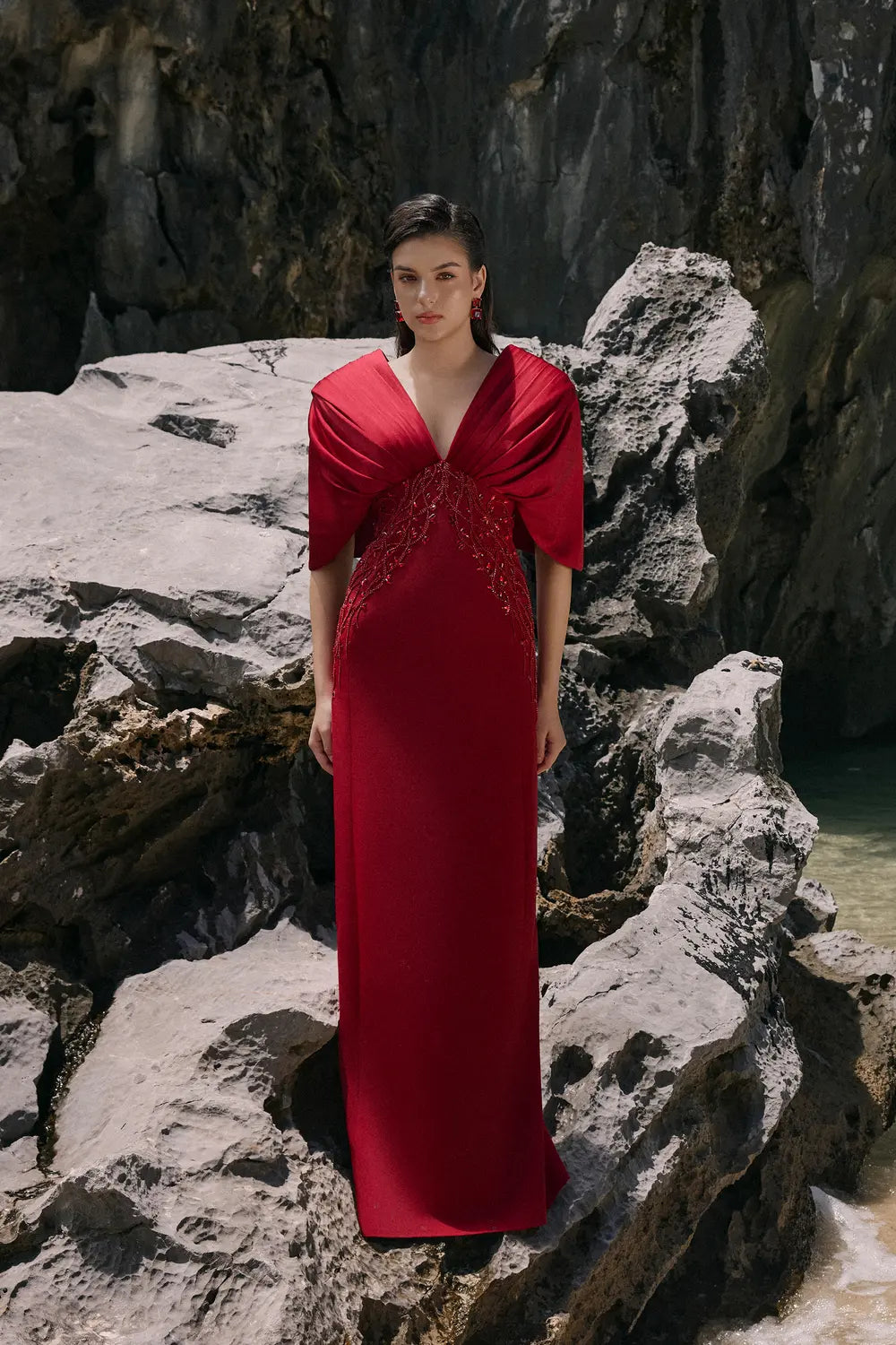 Deep V-Neck Short Cape Sleeves Dress