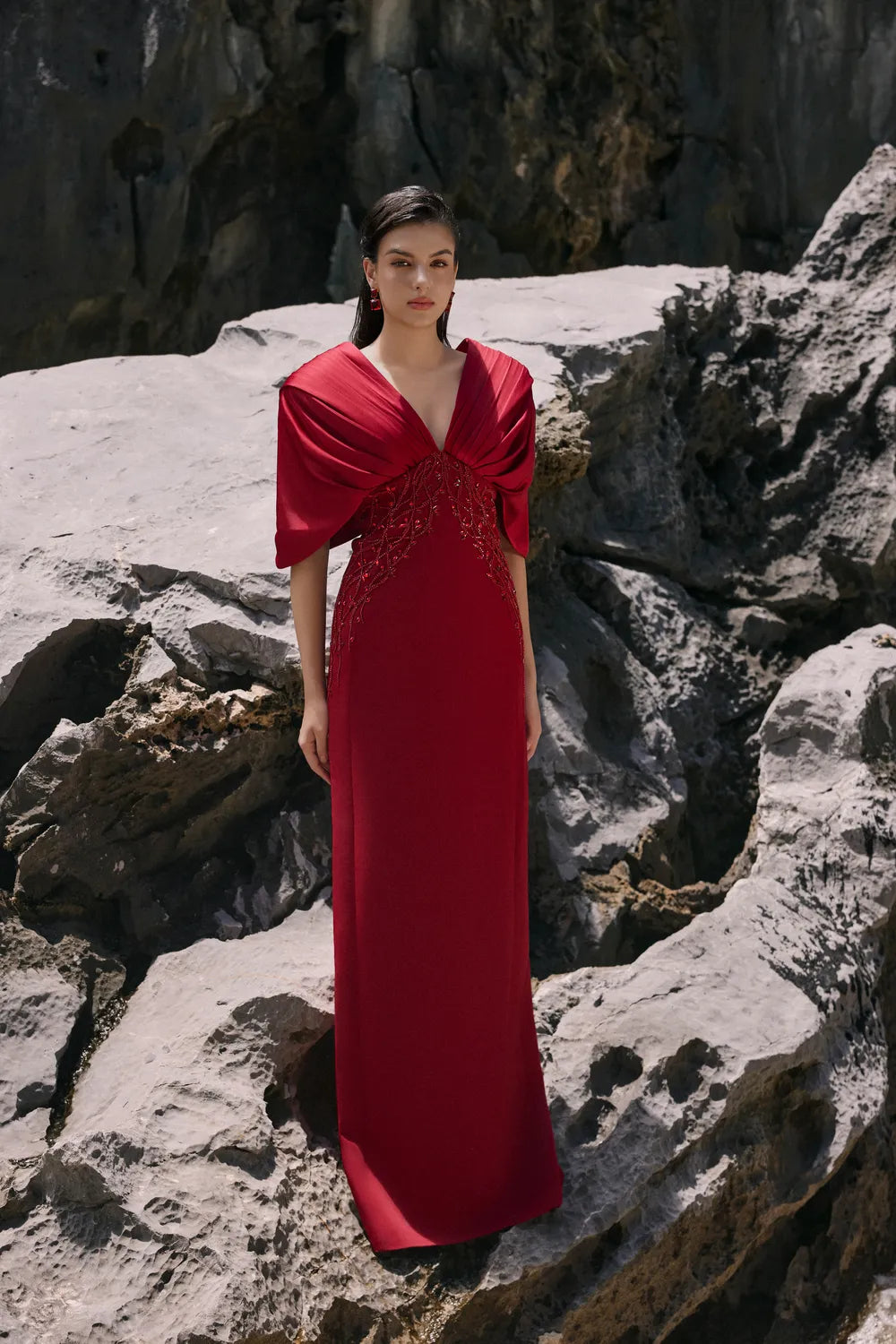 Deep V-Neck Short Cape Sleeves Dress