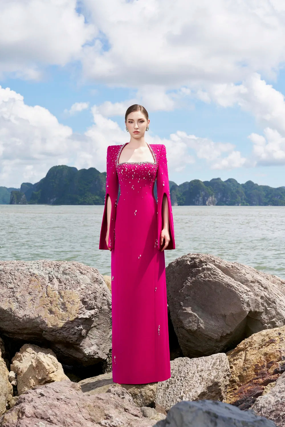 Anne Queen Crystal Embellishment Neckline Dress