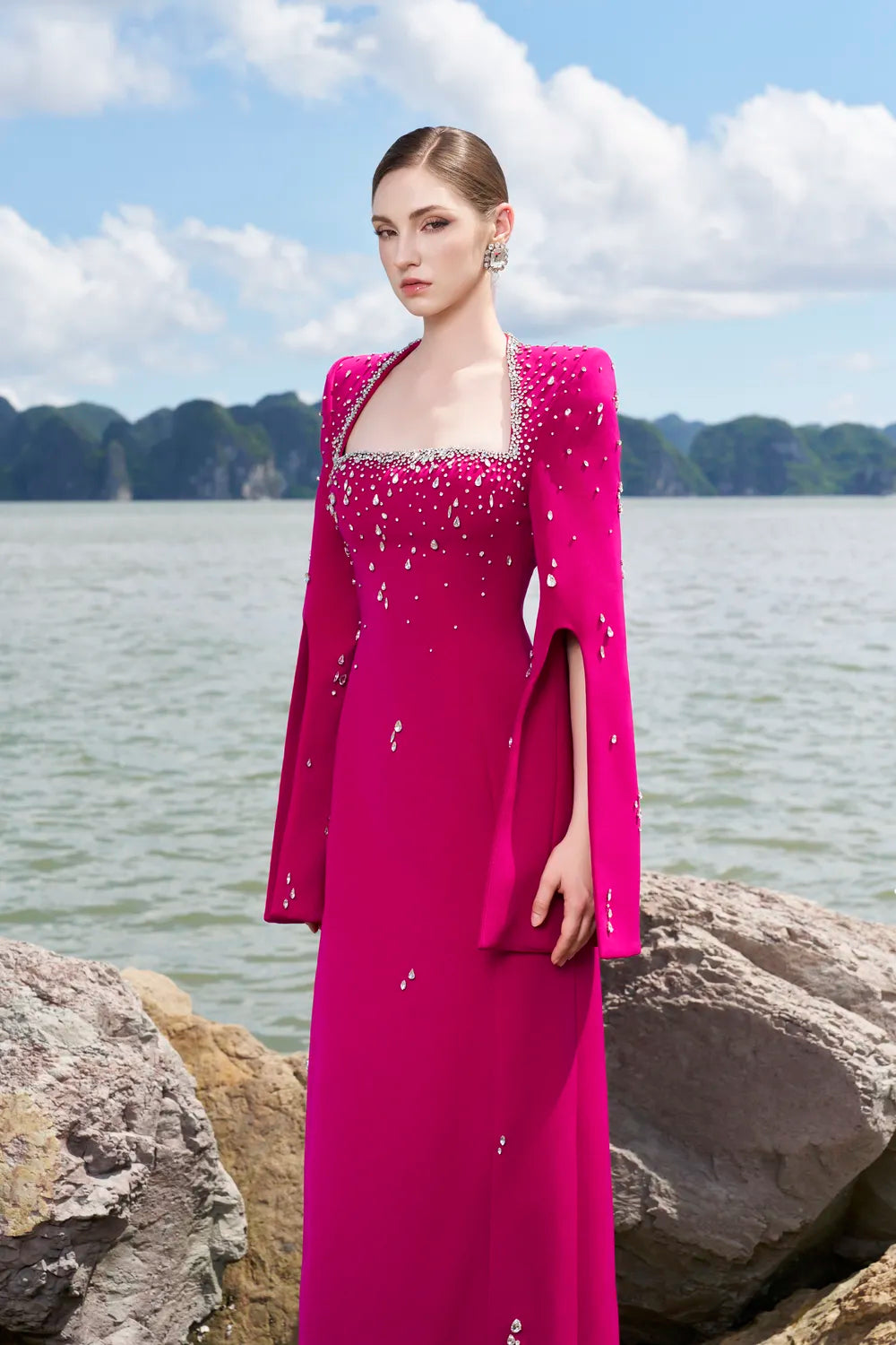 Anne Queen Crystal Embellishment Neckline Dress