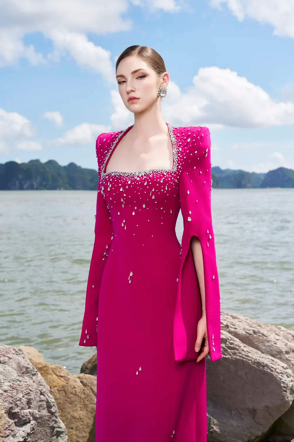 Anne Queen Crystal Embellishment Neckline Dress