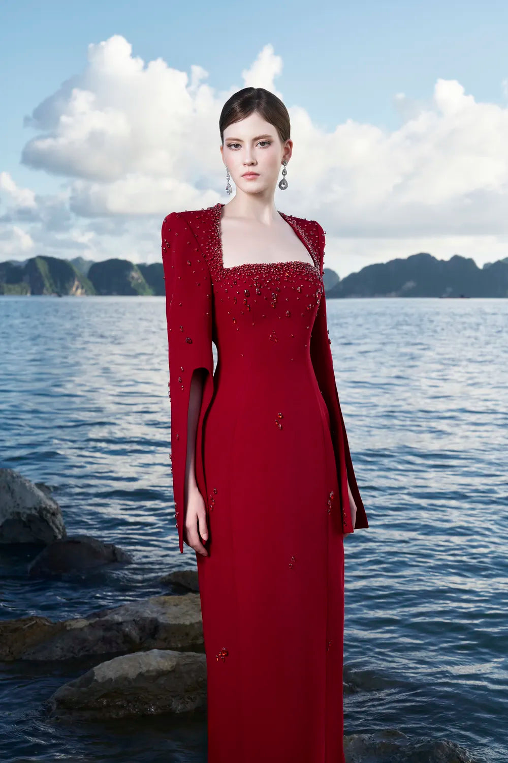 Anne Queen Crystal Embellishment Neckline Dress