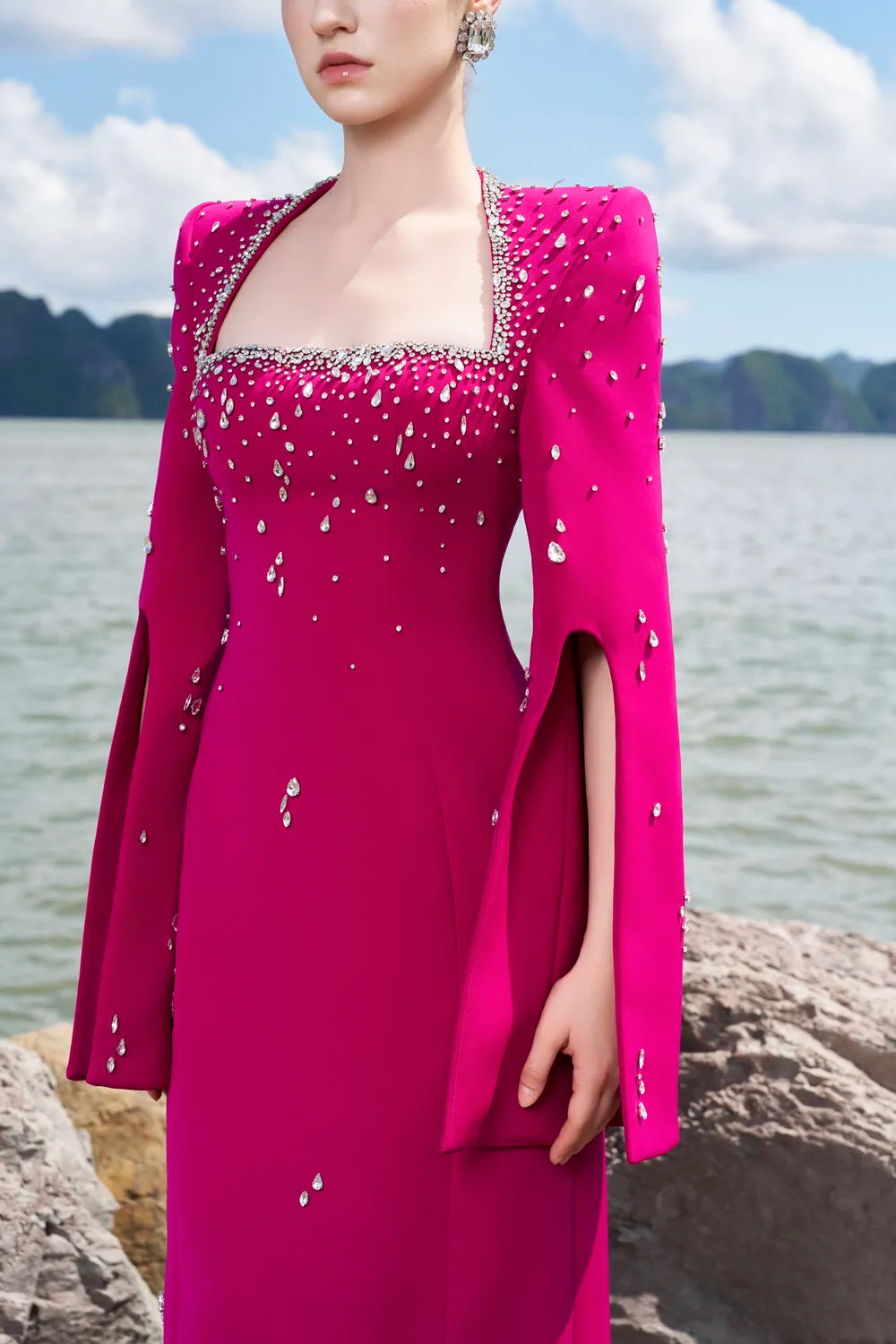 Anne Queen Crystal Embellishment Neckline Dress