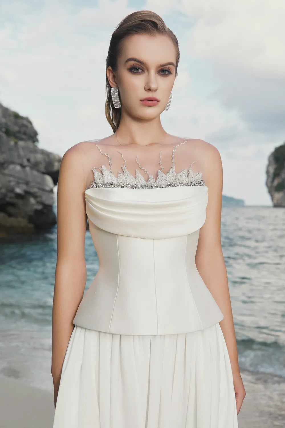 Curved Draped Chest Top And Gathered Flowing A-line Skirt Set