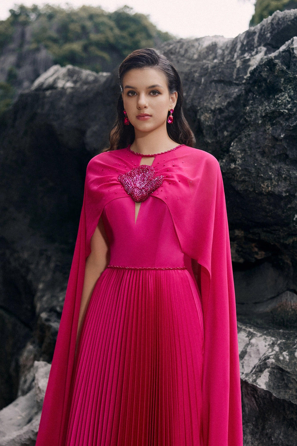 Long Sleeves Cape Pleated Dress