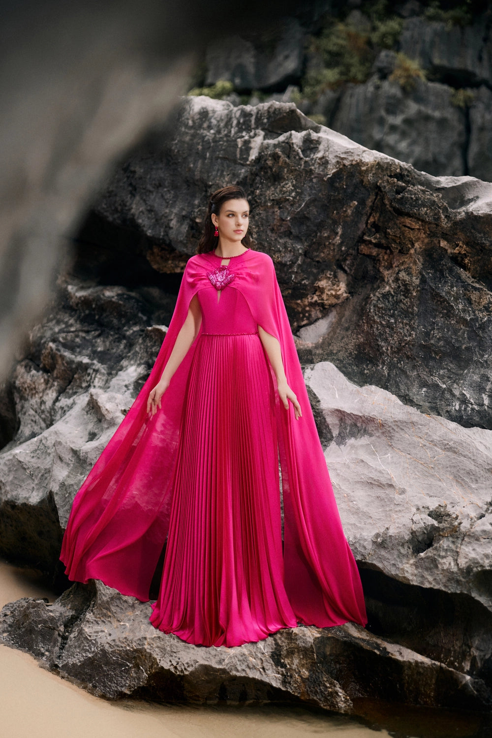cape pleated dress Long Sleeves Cape Pleated Dress XL / LightYellow