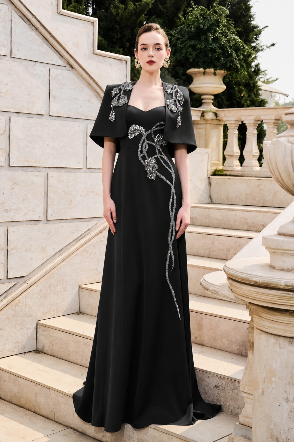 Short Cape Strappy Semi-Heart Dress Set - TRACY COUTURE
