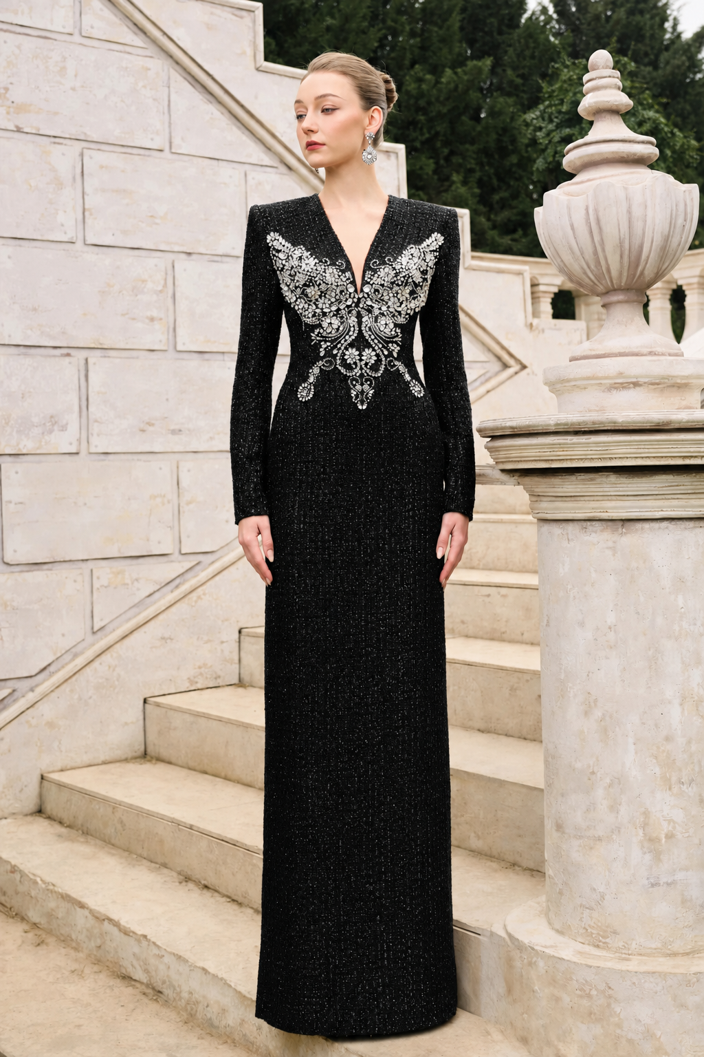 Butterfly Crystal-Embellished Straight Dress - TRACY COUTURE