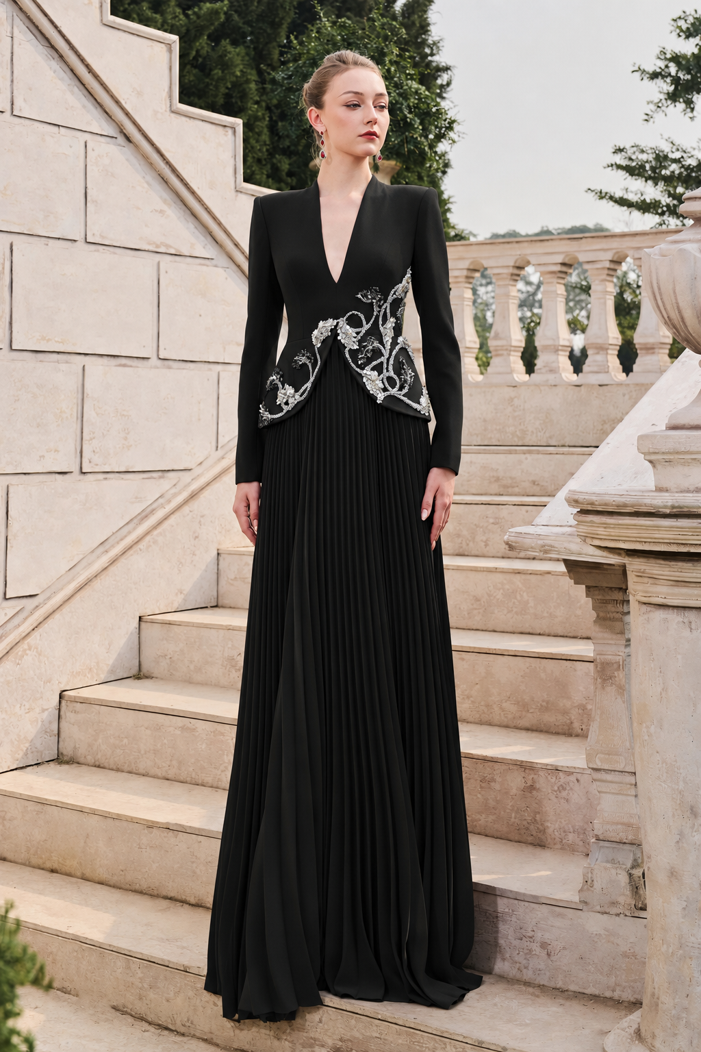 V-Neck Long Sleeves Flared Pleated Dress - TRACY COUTURE