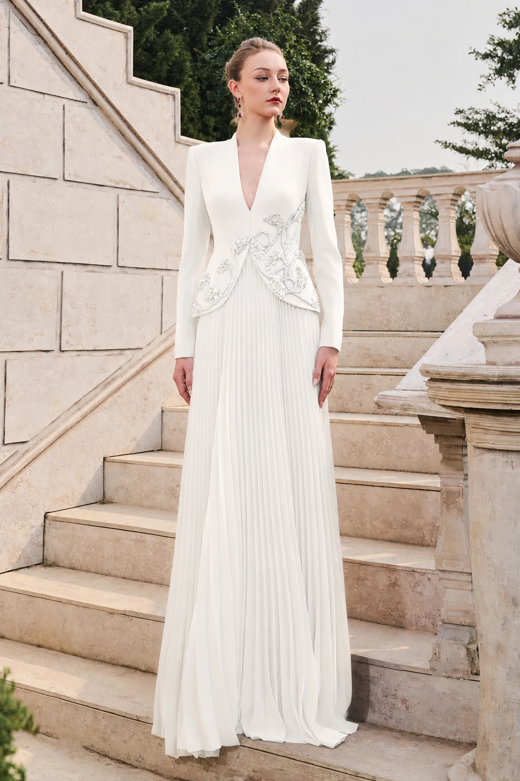 V-Neck Long Sleeves Flared Pleated Dress - TRACY COUTURE
