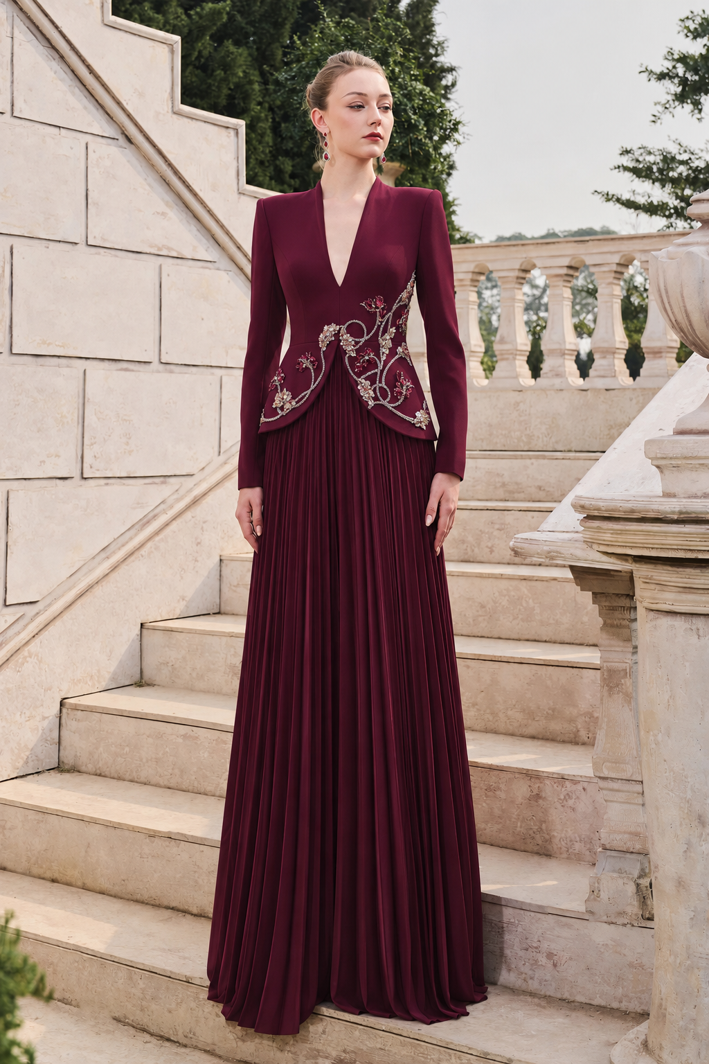 V-Neck Long Sleeves Flared Pleated Dress - TRACY COUTURE